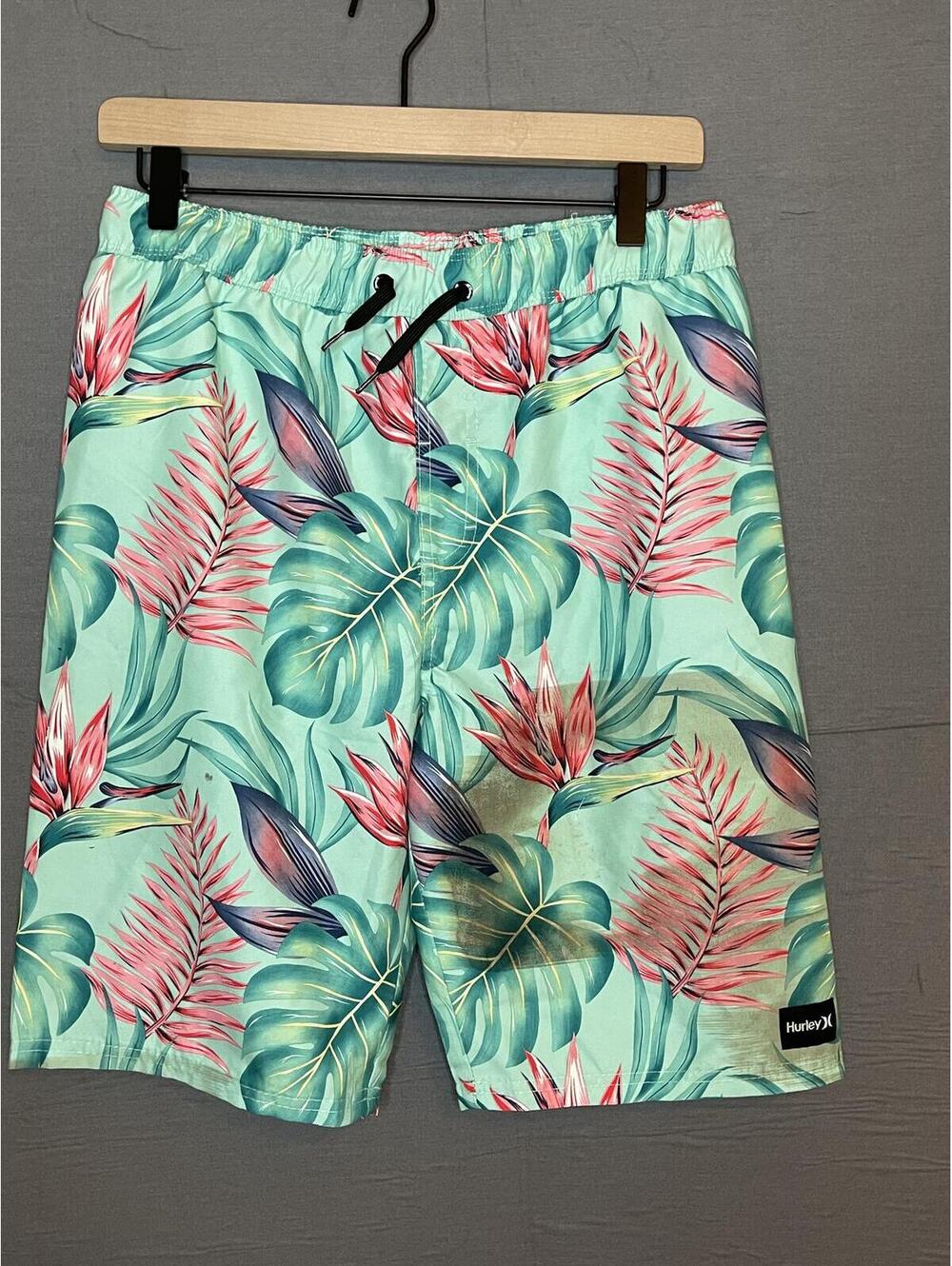 Hurley Youth XL Tropical Floral Swim Trunks Board Shorts Mint Pink